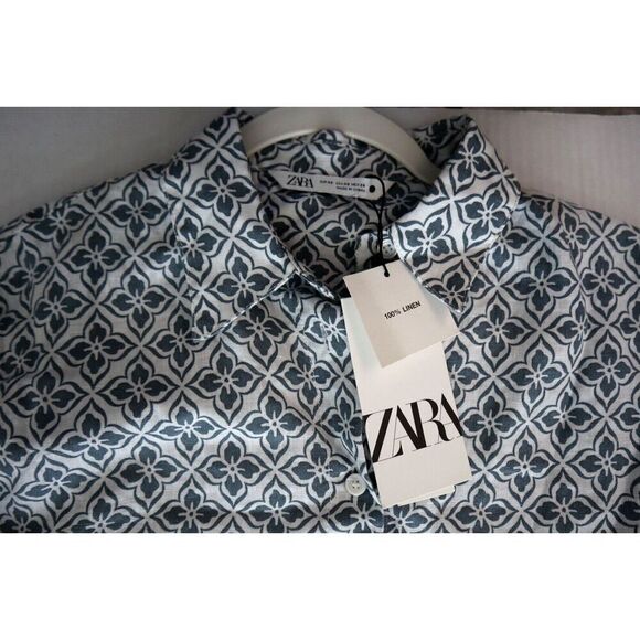 Zara Women Sz XS White/Gray Floral Allover Print Button-Up Long Linen Shirt - Picture 7 of 9